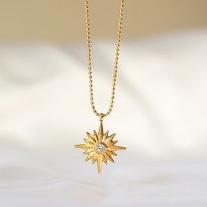 Gold Starburst Pendant Necklace with Clear Crystal